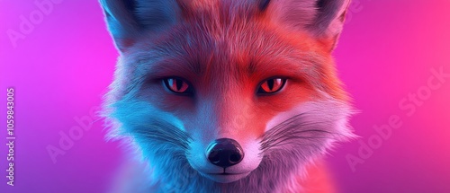 A fox with red eyes is staring at the camera. The background is a bright pink color. The fox is the main focus of the image, and it is in a playful or curious mood