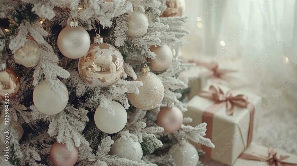 Obraz premium White Christmas tree adorned with pink, gold ornaments, creating festive, elegant holiday display.