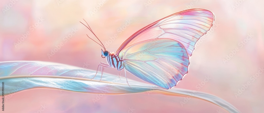 Fototapeta premium A butterfly is perched on a leaf. The butterfly is white and has a blue and pink hue. The image has a dreamy, ethereal quality to it