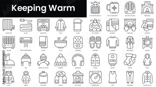 Set of outline keeping warm icons. Minimalist thin linear web icon set. vector illustration.