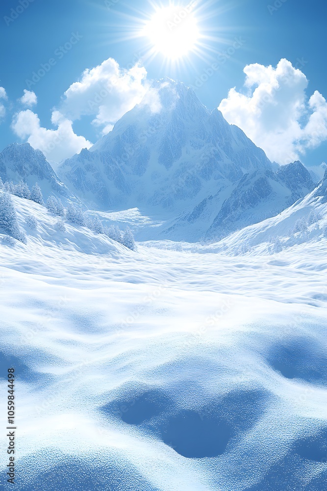Snow-covered mountain landscape under a bright sun with clouds. Snow-covered mountain landscape under a bright sun with clouds.