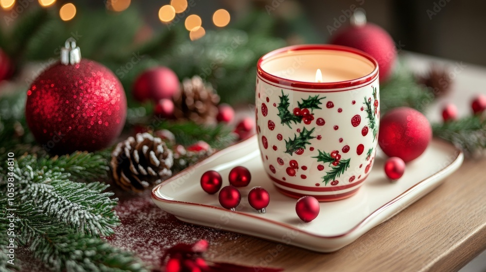 Fototapeta premium Candle in cup surrounded by Christmas decorations, warm glow, festive holiday scene, cozy winter ambiance.