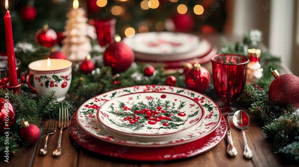 Festive table setting with elegant dinnerware, red napkins, pine cones, candles, and holly for holiday meal. Festive table setting with elegant dinnerware, red napkins, pine cones, candles, and holly for holiday meal.