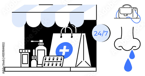 Pharmacy storefront with medication, shopping bag with medical cross, nasal drops, round-the-clock service sign, runny nose symbols. Ideal for healthcare, flu, cold, allergies, convenience, medical