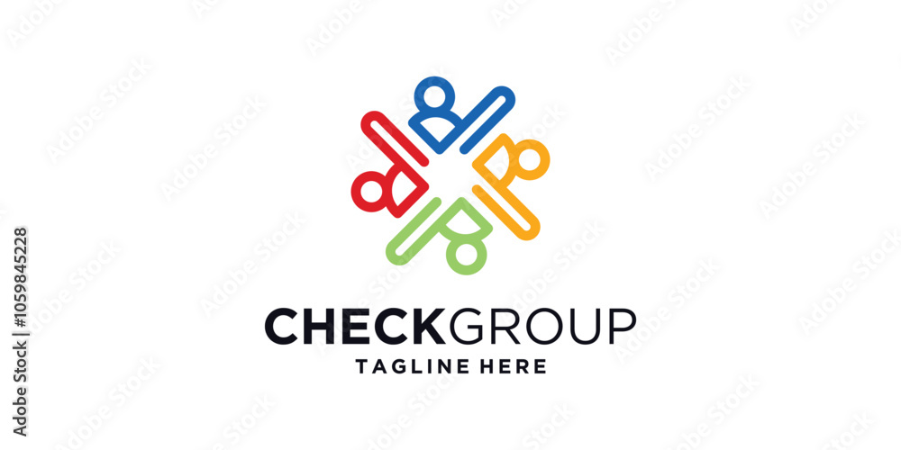 Obraz premium logo design person and check mark,group,team,unity,partner,forever,family,logo design vector,icon,symbol,idea,creative.