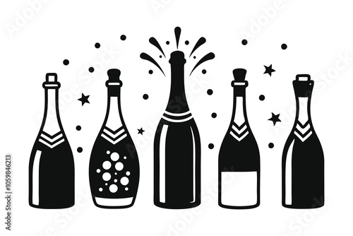 Champagne Bottles and Glasses Silhouette Celebration Vector Illustration