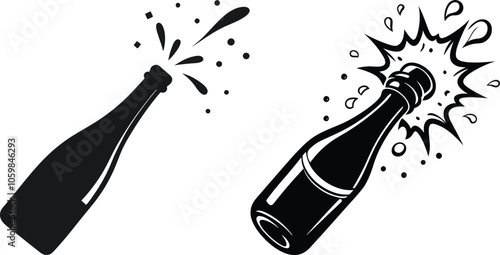 Black and White Champagne Bottle Popping Vector Icons