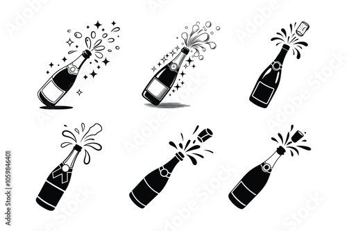 Black and White Champagne Bottle Popping lineart Vector Icon set