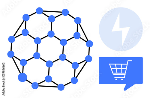 Blue interconnected network with nodes and connections, shopping cart icon in speech bubble, and lightning bolt icon. Ideal for digital communication, e-commerce, technology, energy, connection