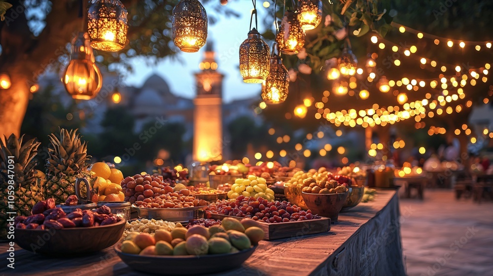 A Festive Table of Fruit Under a Canopy of Lights A Festive Table of Fruit Under a Canopy of Lights