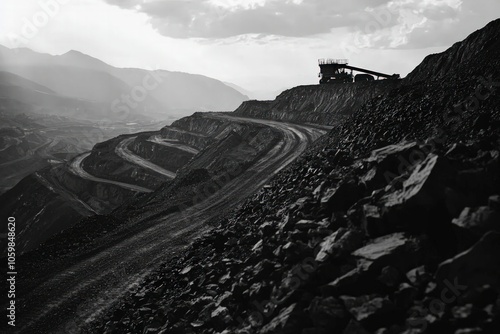 Dramatic Landscape of a Mining Operation Surrounded by Mountainous Terrain