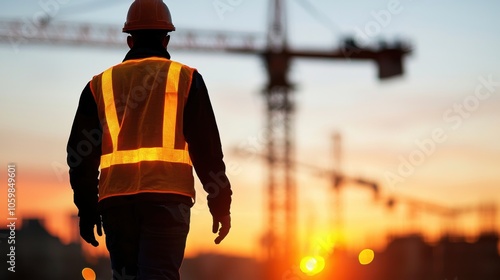 Construction worker at sunset, silhouettes, safety gear, cranes in background photo