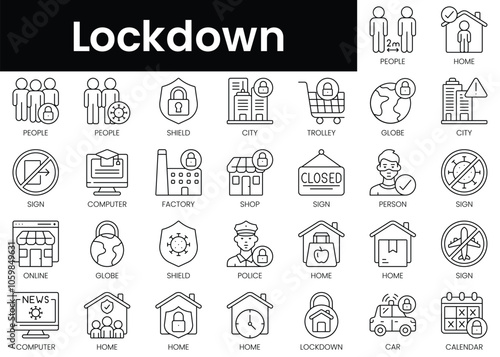 Set of outline lockdown icons. Minimalist thin linear web icon set. vector illustration.