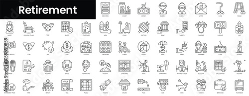 Set of outline retirement icons. Minimalist thin linear web icon set. vector illustration.