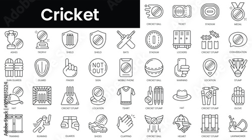 Set of outline cricket icons. Minimalist thin linear web icon set. vector illustration.