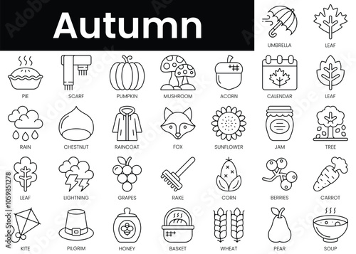 Set of outline autumn icons. Minimalist thin linear web icon set. vector illustration.