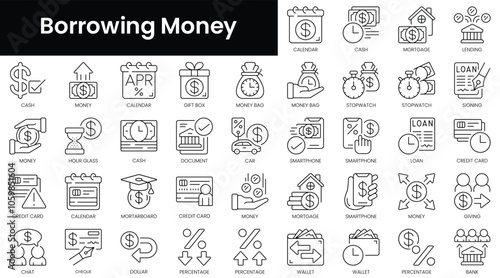 Set of outline borrowing money icons. Minimalist thin linear web icon set. vector illustration.