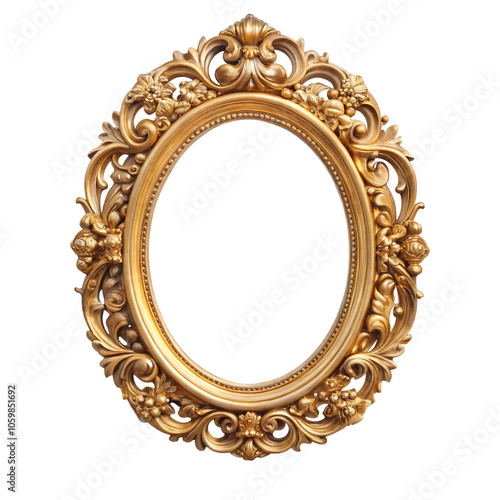 Antique round oval gold picture mirror frame isolated on transparent or white background