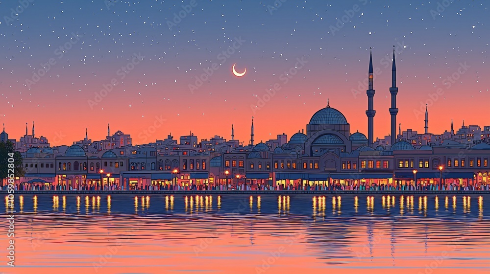 Fototapeta premium Nighttime Cityscape with Mosques and Starry Sky