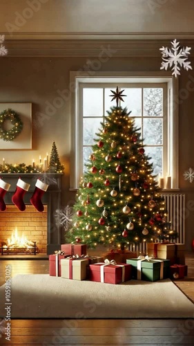Rustic Christmas Atmosphere: Tree and Fireplace