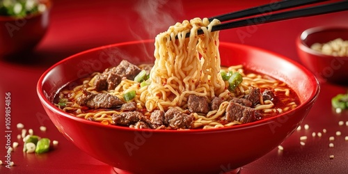 a bowl of noodles with chops in it photo