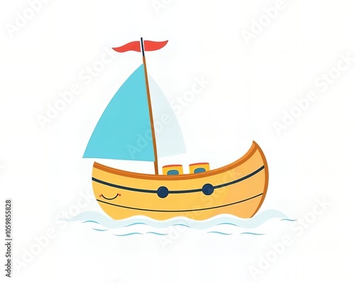 there is a small boat with a blue sail floating on the water.