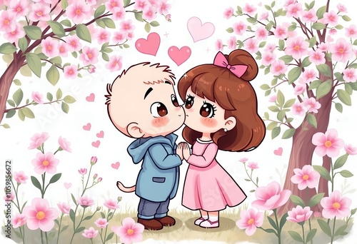 cartoon of a boy and girl kissing in a garden of flowers. photo