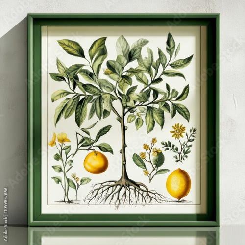 This vibrant illustration features a lemon tree with bright yellow lemons. The artwork showcases the beauty of nature in a stylish frame. Perfect for decoration or botanical education. AI photo