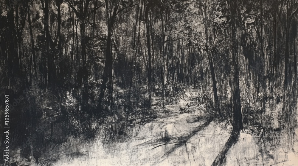Obraz premium A dense forest filled with intricately detailed trees, showcasing vivid shadows and a serene atmosphere. Generative AI
