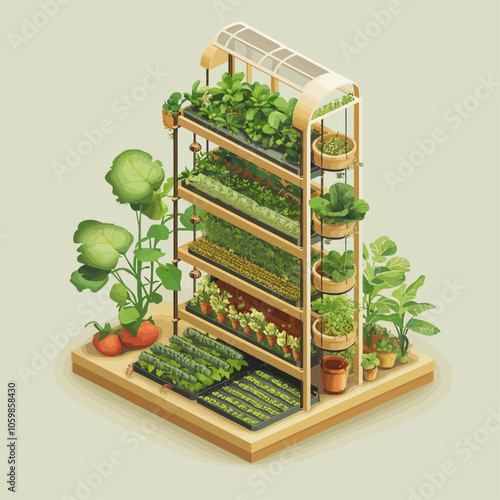 Isometric Urban Farm with Vertical Gardening