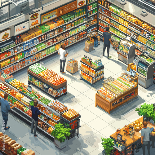 Isometric Supermarket: Shoppers & Aisles 3D Vector Illustration