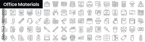 Set of outline office materials icons. Minimalist thin linear web icons bundle. vector illustration.