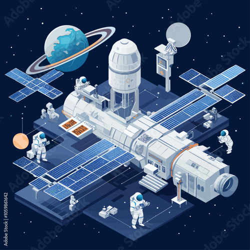 Astronauts at Isometric Space Station, 3D Vector