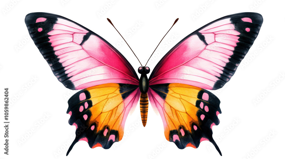 Fototapeta premium Colorful butterfly with intricate wings, white isolate background.
