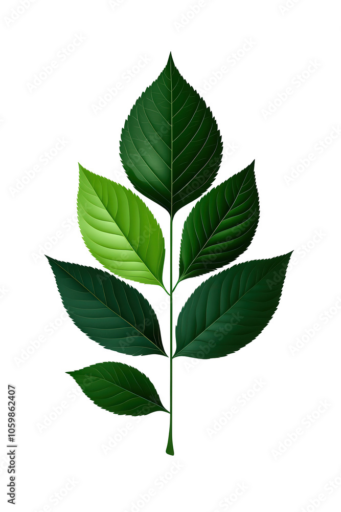 Fototapeta premium Green leaves on a stem, isolated on a white background.
