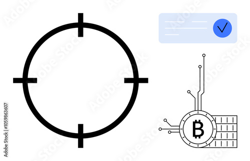 A target reticle on the left, a Bitcoin symbol integrated with a circuit board on the bottom right, and a checkmark tick in a blue box on the top right. Ideal for blockchain technology