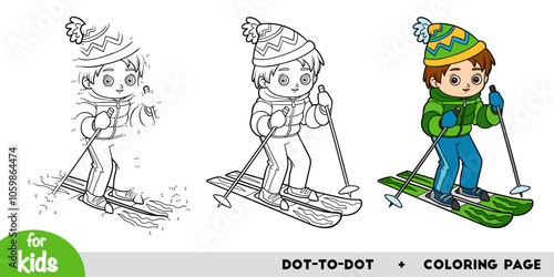 Boy skiing. Numbers dot to dot game and coloring page