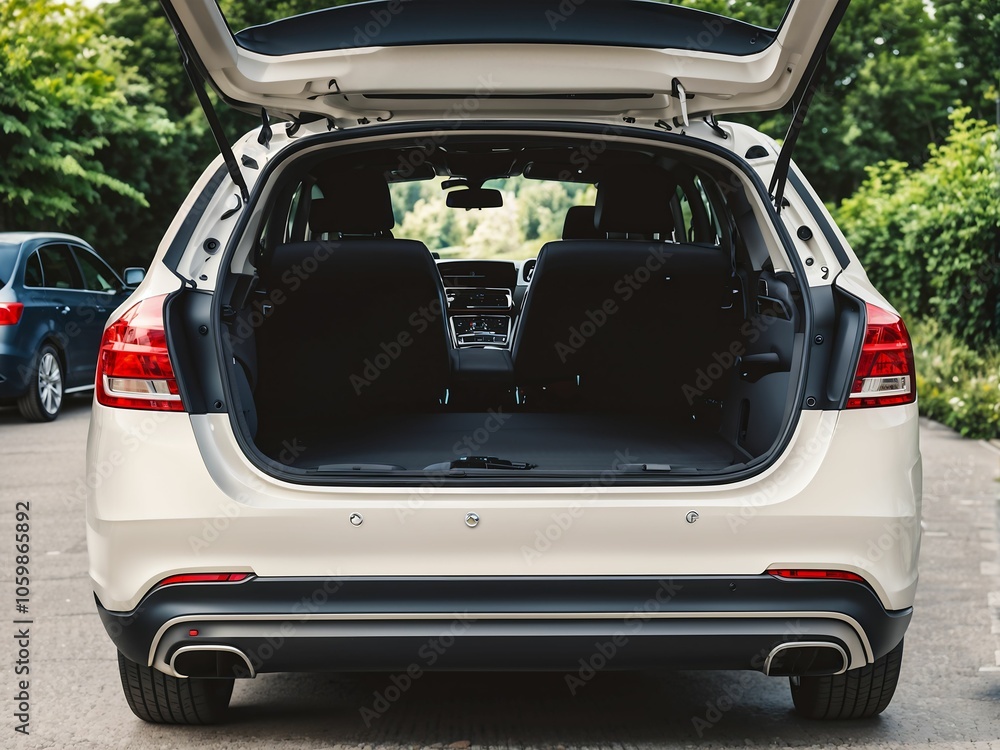 Fototapeta premium Modern car with open empty trunk. Modern wagon car open trunk. Car boot is open.
