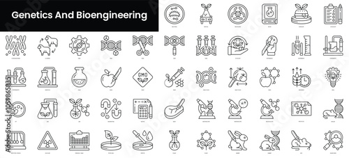 Set of outline genetics and bioengineering icons. Minimalist thin linear web icon set. vector illustration.