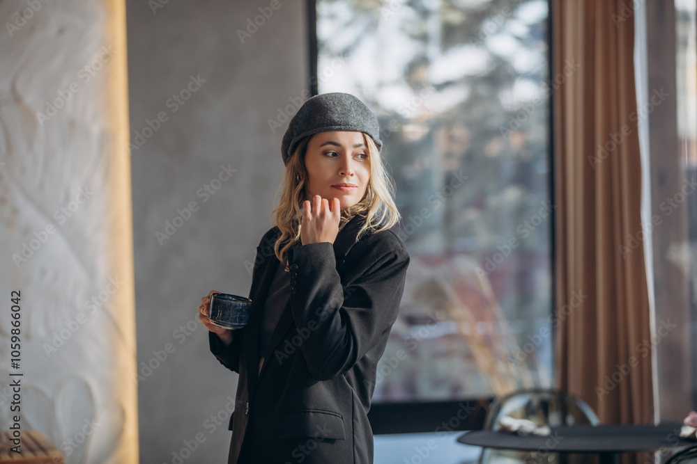 Fototapeta premium Young adult woman, a model, beautiful and happy in a cafe by the window with a cup of coffee