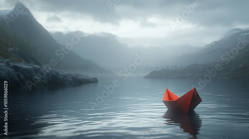 A red paper boat floats on a still lake in a misty mountain valley. photo