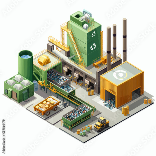 Isometric Recycling Facility Waste Sorting 3D Vector