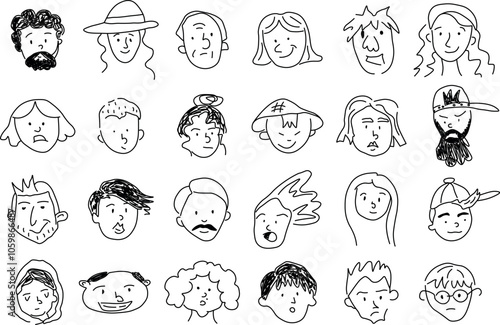 Hand-drawn human faces. People of different ages, men and women. Illustration of characters with different facial expressions. Illustration of different age generations on a transparent background