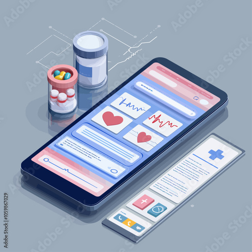 Isometric Mobile Health App Interface on Smartphone