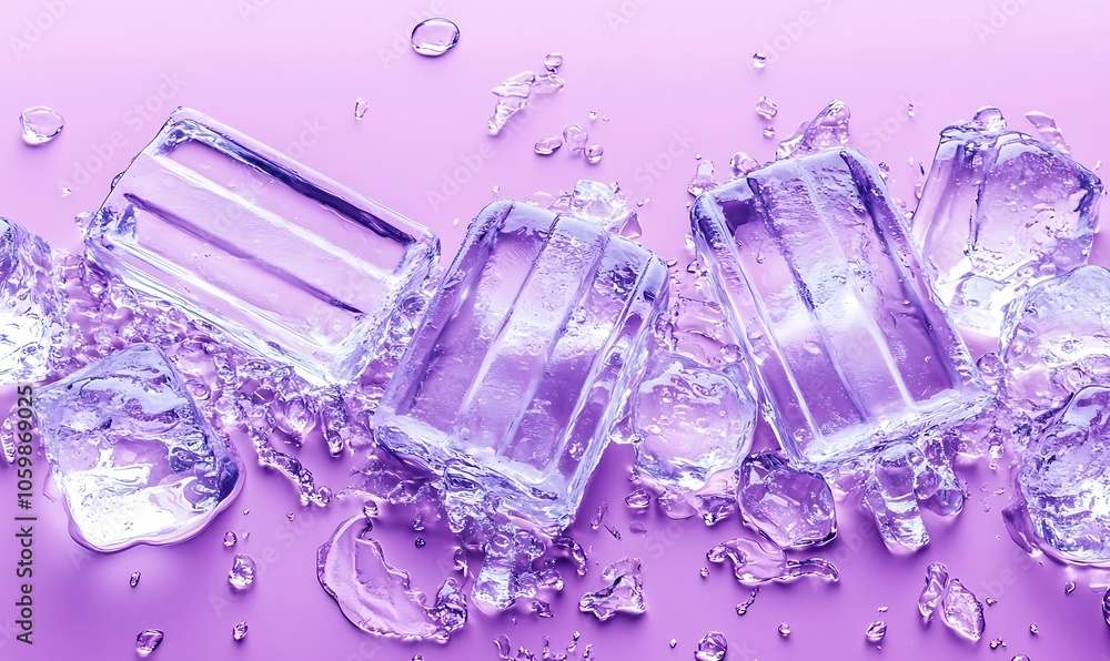 Ice cubes on a purple background with water droplets, creating a ...