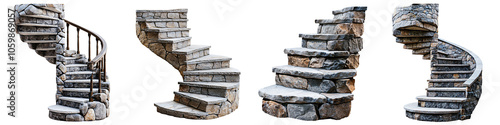 Spiral stone staircase winding structure, isolated on white and transparent background