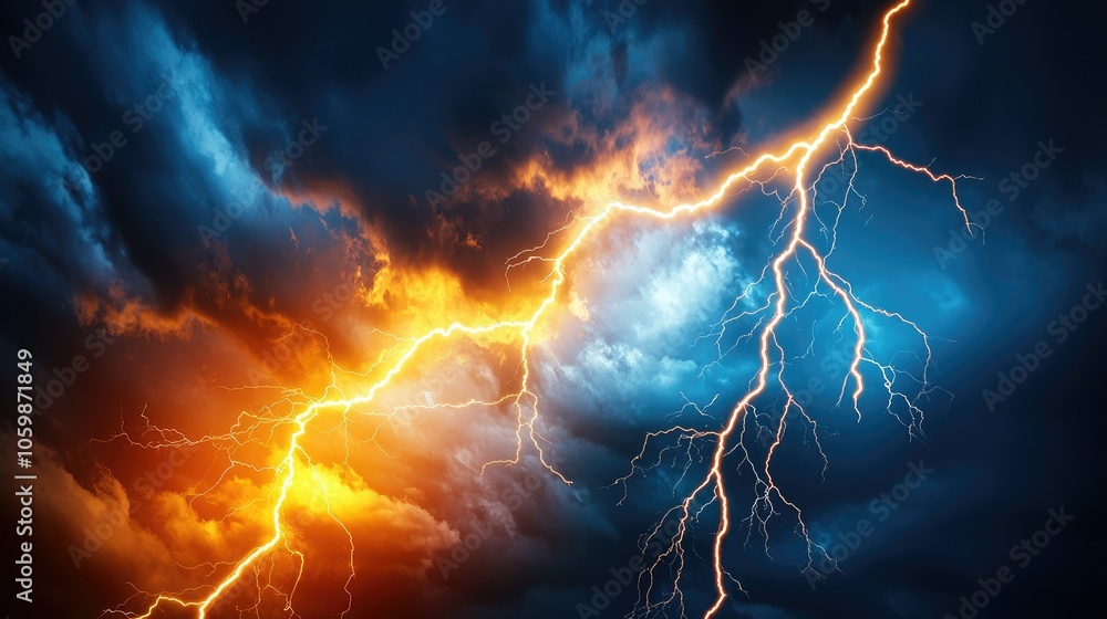 Dramatic display of nature realistic thunder and lightning bolts illuminating the sky Dramatic display of nature realistic thunder and lightning bolts illuminating the sky