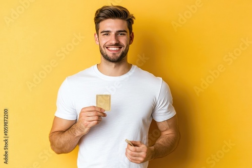 Young startup founder displaying optimism with an empty wallet in a minimalist studio setting