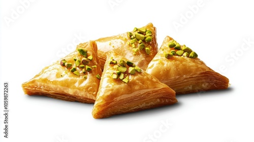 Delicious honeyglazed baklava triangles with pistachio topping on white background photo