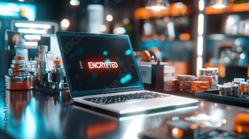 Wallpaper Mural Laptop showcasing encrypted message on retail counter in dynamic setting Torontodigital.ca